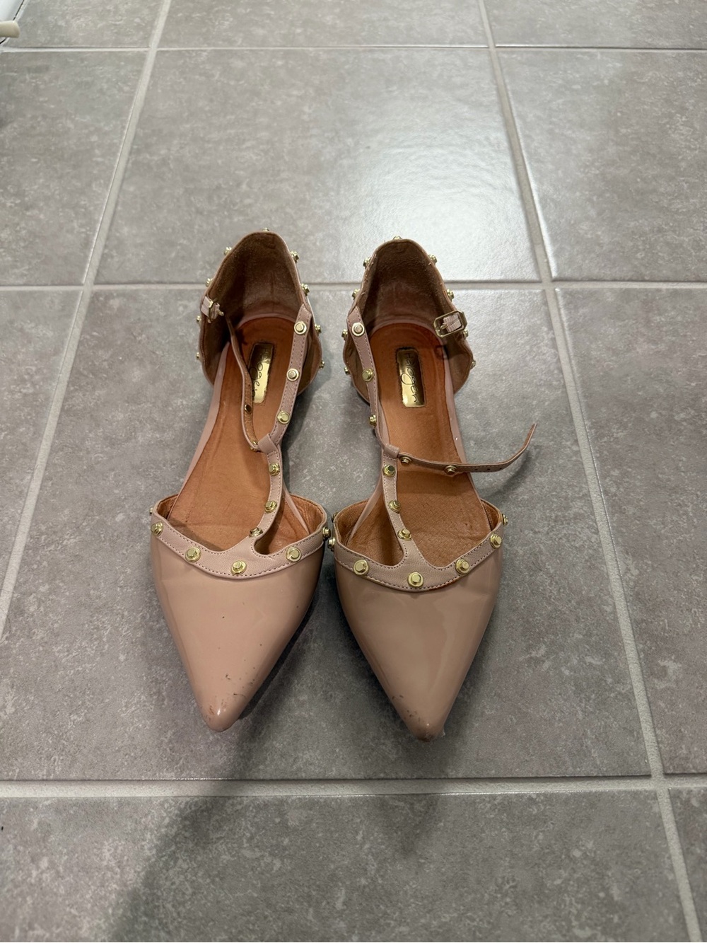 Halogen Nude Patent Pointed-Toe Ankle-Strap Flats with Gold Studs